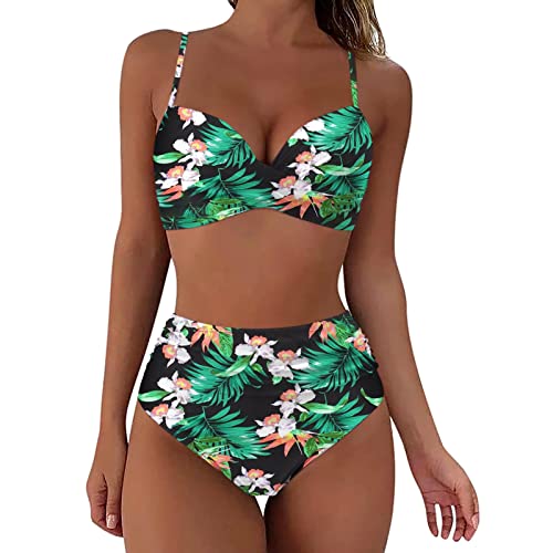 Fhuuly Bikini Damen Set Mit Bügel Zweiteiliger Badeanzug Mädchen Große Brüste Bauchweg Bademode Schnürung Push Up Verstellbar Crossover Ties-Up Neckholder Bikinioberteil Gedruckt Sommer Oberteil von Fhuuly