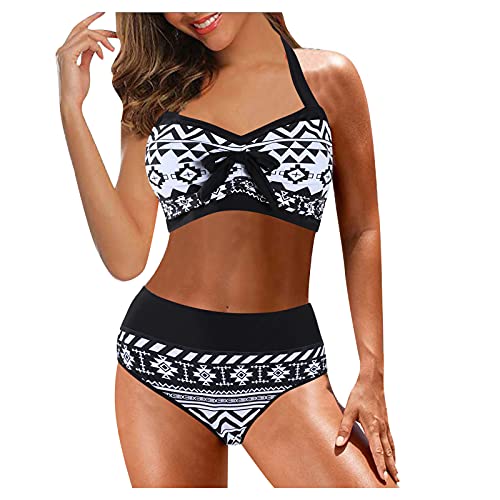 Fhuuly Bikini Damen Set Mit Bügel Zweiteiliger Badeanzug Mädchen Große Brüste Bauchweg Bademode Schnürung Push Up Verstellbar Crossover Ties-Up Neckholder Bikinioberteil Gedruckt Sommer Oberteil von Fhuuly