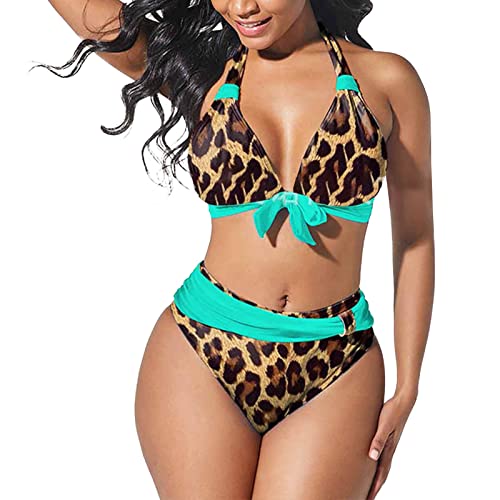 Fhuuly Bikini Damen Set Mit Bügel Zweiteiliger Badeanzug Mädchen Große Brüste Bauchweg Bademode Schnürung Push Up Verstellbar Crossover Ties-Up Neckholder Bikinioberteil Gedruckt Sommer Oberteil von Fhuuly