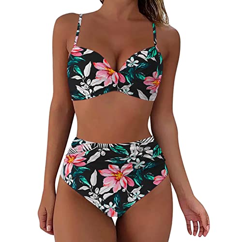 Fhuuly Bikini Damen Set Mit Bügel Zweiteiliger Badeanzug Mädchen Große Brüste Bauchweg Bademode Schnürung Push Up Verstellbar Crossover Ties-Up Neckholder Bikinioberteil Gedruckt Sommer Oberteil von Fhuuly