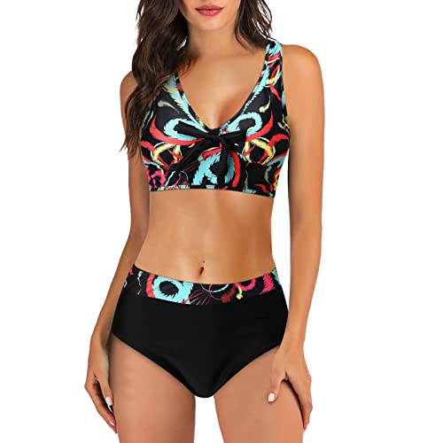 Fhuuly Bikini Damen Set Mit Bügel Zweiteiliger Badeanzug Mädchen Große Brüste Bauchweg Bademode Schnürung Push Up Verstellbar Crossover Ties-Up Neckholder Bikinioberteil Gedruckt Sommer Oberteil von Fhuuly