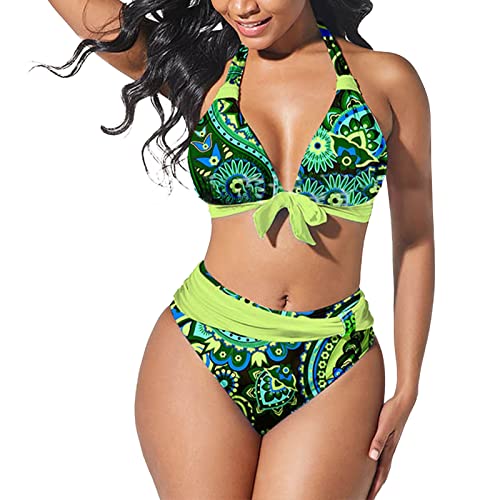 Fhuuly Bikini Damen Set Mit Bügel Zweiteiliger Badeanzug Mädchen Große Brüste Bauchweg Bademode Schnürung Push Up Verstellbar Crossover Ties-Up Neckholder Bikinioberteil Gedruckt Sommer Oberteil von Fhuuly