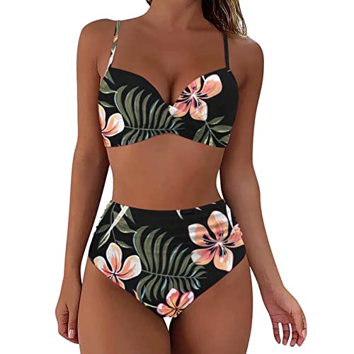 Fhuuly Bikini Damen Set Mit Bügel Zweiteiliger Badeanzug Mädchen Große Brüste Bauchweg Bademode Schnürung Push Up Verstellbar Crossover Ties-Up Neckholder Bikinioberteil Gedruckt Sommer Oberteil von Fhuuly