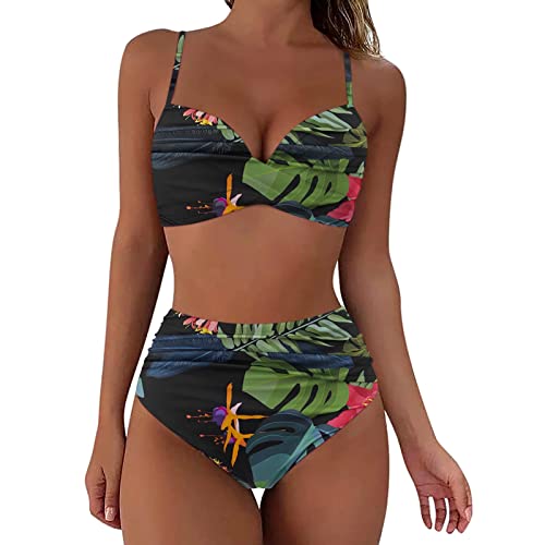 Fhuuly Bikini Damen Set Mit Bügel Zweiteiliger Badeanzug Mädchen Große Brüste Bauchweg Bademode Schnürung Push Up Verstellbar Crossover Ties-Up Neckholder Bikinioberteil Gedruckt Sommer Oberteil von Fhuuly