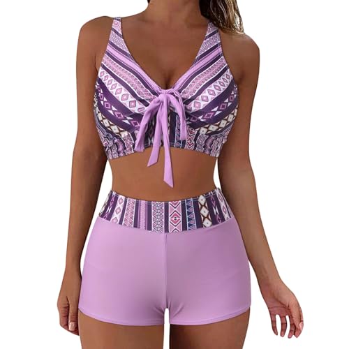 Fhuuly Bikini Damen Set Zweiteiliger Badeanzug Mädchen Große Brüste Bauchweg Bademode Schnürung Push Up Verstellbar Crossover Ties-Up Neckholder Bikinioberteil Gedruckt Sommer Oberteil (01-Lila, XL) von Fhuuly