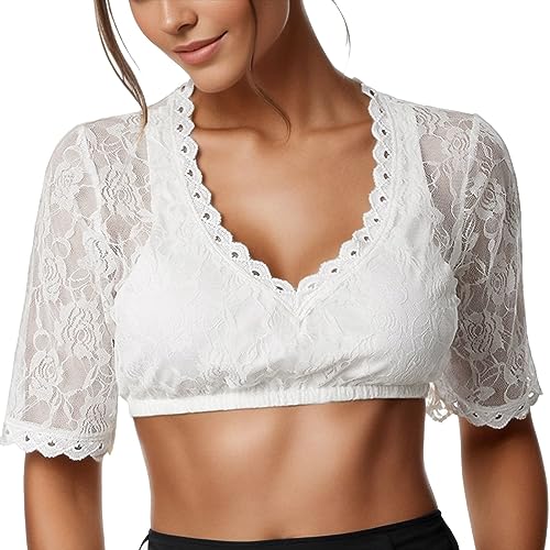 Fhuuly Damen Dirndlbluse, Spitze Tracht Bluse Kurzarm Oktoberfest Dirndlblusen Damen-Elegante Dirndlbluse, Spitzenbluse für Oktoberfest-Dessous-Mantel (A2-White, XL) von Fhuuly