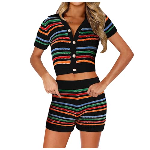 Zweiteiler Damen Sommer 2-teiliges Häkel-Outfit für Damen Gestrickte Shorts Set mit Ausgehöhlten Knöpfen Hemd Sommer Urlaub Outfits Streetwear Elegant Two Piece Set Kurz Freizeitanzug von Fhuuly