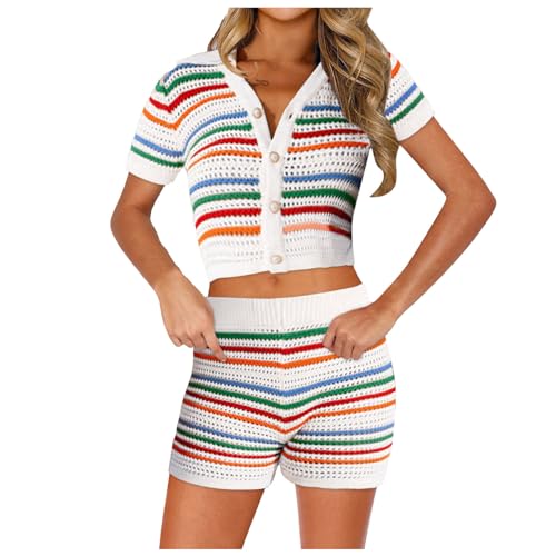Zweiteiler Damen Sommer 2-teiliges Häkel-Outfit für Damen Gestrickte Shorts Set mit Ausgehöhlten Knöpfen Hemd Sommer Urlaub Outfits Streetwear Elegant Two Piece Set Kurz Freizeitanzug von Fhuuly