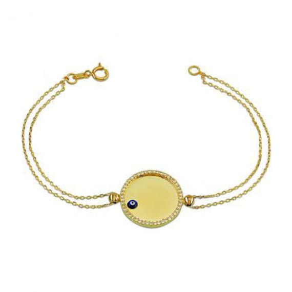 Bosen Blick Platte Name A0Nhänger 14K Massiv Gold Armband Schutz Dunkelblau Turkis Schmelz von FiEMMA