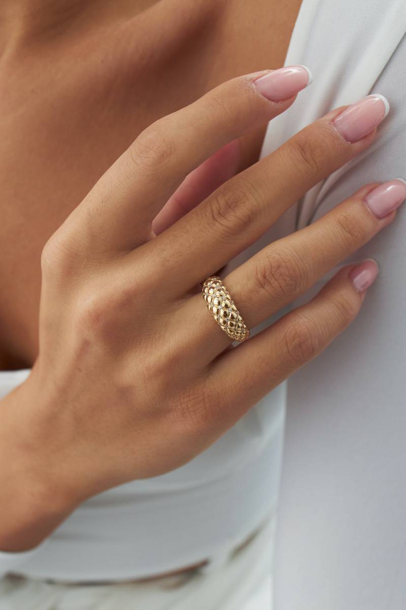 Pave Bubble 14K Echtgoldring, Dicker Goldring Für Frauen, Einzigartige Goldblase Statement Ring, Echtgoldschmuck von FiEMMA