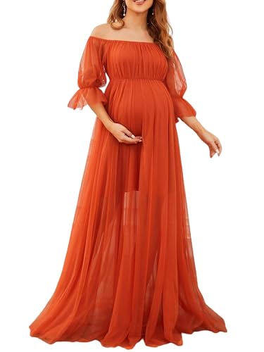 Fiacafyo Damen Langarm Schulterfrei Umstands-Maxikleid Spitze Rüschenärmel Tüll Kleid Schwangerschaftskleid für Fotoshooting, A-Orange, Rot, S von Fiacafyo