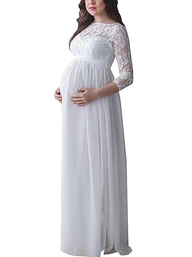 Fiacafyo Damen Langarm Schulterfrei Umstands-Maxikleid Spitze Rüschenärmel Tüll Kleid Schwangerschaftskleid für Fotoshooting, B-weiß, L von Fiacafyo