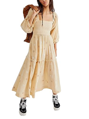 Fiacafyo Damen Maxikleid mit Blumenstickerei, quadratischer Ausschnitt, fließendes langes Kleid, Laternenärmel, gestuft, fließend, gesmokt, böhmisches Kleid, B-apricot, M von Fiacafyo