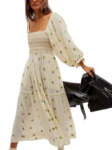 Fiacafyo Damen Maxikleid mit Blumenstickerei, quadratischer Ausschnitt, fließendes langes Kleid, Laternenärmel, gestuft, fließend, gesmokt, böhmisches Kleid, B-beige, S von Fiacafyo