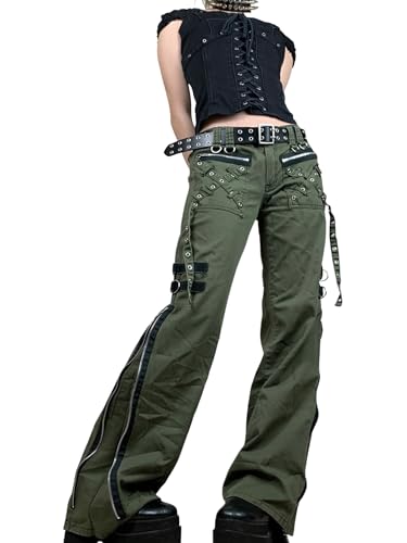 Fiacafyo Damen Vintage Baggy Jeans Grunge Gothic Tripp Pants Punk Goth Wide Leg Denim Pants Y2k Loose Casual Jeans Streetwear, B-grün, M von Fiacafyo