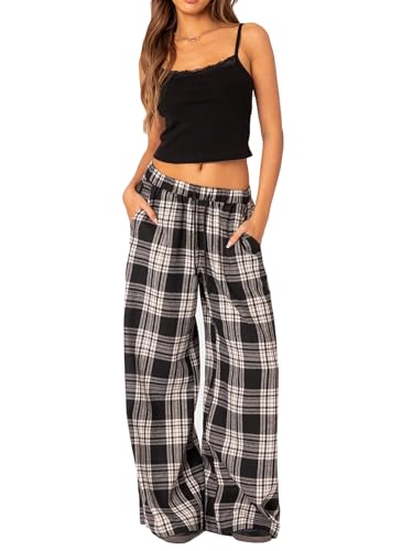 Fiacafyo Lässige Pyjamahose für Damen, kariert, hohe Taille, Pyjamahose mit Taschen, Gothic, Grunge, weites Bein, Streetwear, A-schwarz, 36 Fiacafyo Lässige Pyjamahose für Damen, kariert, hohe Taille, Pyjamahose mit Taschen, Gothic, Grunge, weites Bein, Streetwear, A-schwarz, 36 von Fiacafyo