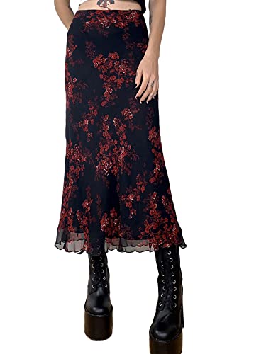 Fiacafyo Y2K Damen-Midirock, hohe Taille, lang, Sommer, Gothic, Maxi, lang, Bleistiftröcke, Sommer, Maxi, Fee, Grunge, Gothic, ästhetisch, lange Röcke, E-Schwarz, S von Fiacafyo