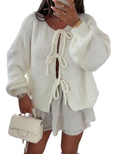 Fiacafyo Y2K Strick-Cardigan für Damen, übergroße Fliege vorne, einfarbig, lange Ärmel, lockere Strickwaren, Tops, Streetwear, A-weiß, L Fiacafyo Y2K Strick-Cardigan für Damen, übergroße Fliege vorne, einfarbig, lange Ärmel, lockere Strickwaren, Tops, Streetwear, A-weiß, L von Fiacafyo