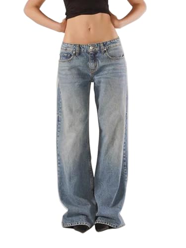 Y2K Damen Baggy-Jeans, niedrige Taille, lockeres gerades Bein, Denim-Hose mit Taschen, E-Girl, Boyfriends-Hose, Streetwear, I-blau, XL Y2K Damen Baggy-Jeans, niedrige Taille, lockeres gerades Bein, Denim-Hose mit Taschen, E-Girl, Boyfriends-Hose, Streetwear, I-blau, XL von Fiacafyo