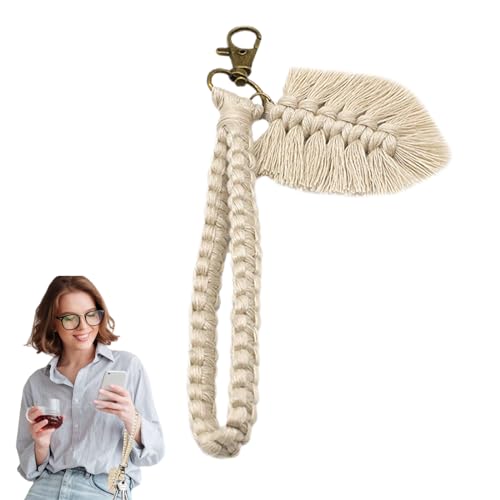 Fiacvrs Makramee SchlüSselanhäNger Geflochten, Boho Geflochtener SchlüSselanhäNger, SchlüSselanhäNger Auto für Damen, Kurzer SchlüSselband Quaste AnhäNger, Beige Keychain von Fiacvrs