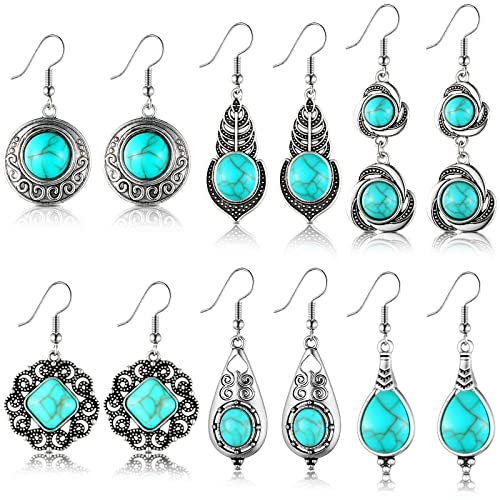 6 Paar Boho Baumeln Ohrringe Vintage Ohrhänger Indische Böhmische Ohrringe Retro Blau Türkis Ohrringe Tropfenhaken Gypsy Schmuck für Damen Mädchen Kostüm, 6 Stile (Einfacher Stil) von Fiada