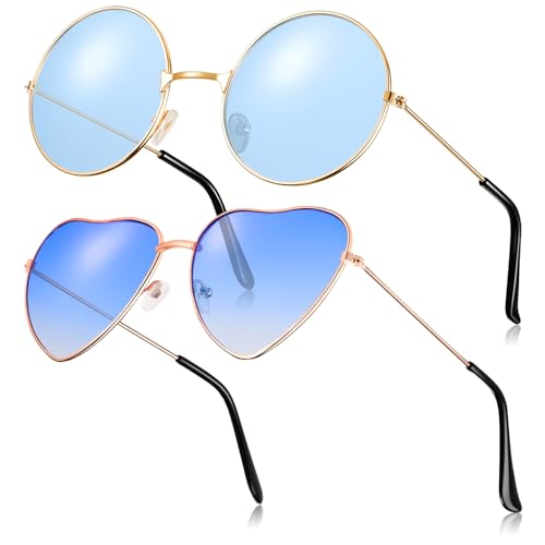 Fiada 2 Paar Hippie Sonnenbrillen Retro Damen Hippie Brillen Hippie Kostüm Sonnenbrille für Herren Damen Party Festival (Blau) von Fiada