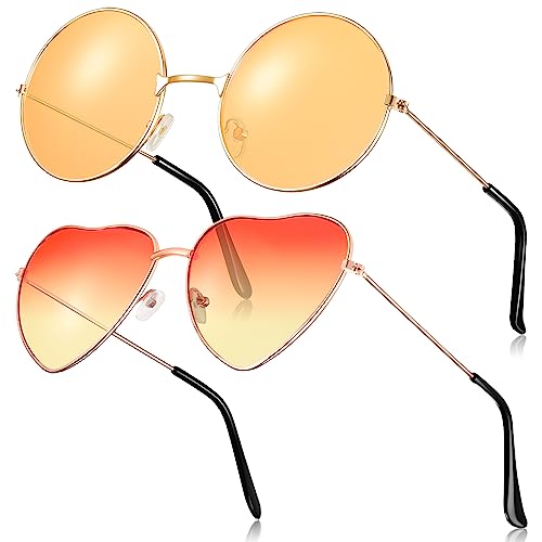 Fiada 2 Paar Hippie Sonnenbrillen Retro Damen Hippie Brillen Hippie Kostüm Sonnenbrille für Herren Damen Party Festival (Orange) von Fiada