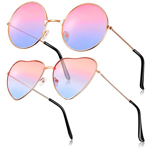 Fiada 2 Paar Hippie Sonnenbrillen Retro Damen Hippie Brillen Hippie Kostüm Sonnenbrille für Herren Damen Party Festival (Rosa Blau) von Fiada