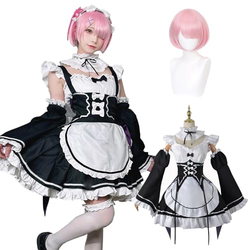Fiamll Anime Ram Cosplay Kostüm Outfit Re Life In A Different World From Zero Maid Kleid Uniform Komplettes Set Karneval Dress Up Anzug mit Perücke für Frauen Mädchen XXL von Fiamll