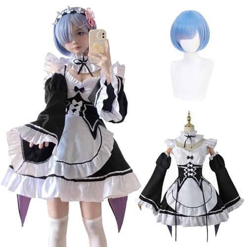 Fiamll Anime Rem Cosplay Kostüm Outfit Re Life In A Different World From Zero Maid Kleid Uniform Komplettes Set Karneval Dress Up Anzug mit Perücke für Frauen Mädchen M von Fiamll