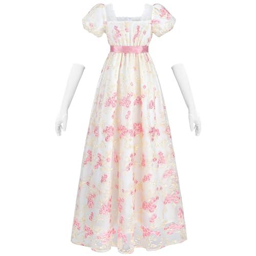 Fiamll Regency Kleid Damen Regency Kostüm Empire Taille Teeparty Kleid Viktorianisches Kleid Stickerei Ballkleid mit Handschuhen Rosa XXL von Fiamll