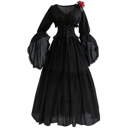 Fiamll Corsagenkleid Damen Renaissance Kleider Gesmokte Taille Rüschen V Neck mit Schnürung Mittelalter Cottagecore Kleid L/XL von Fiamll