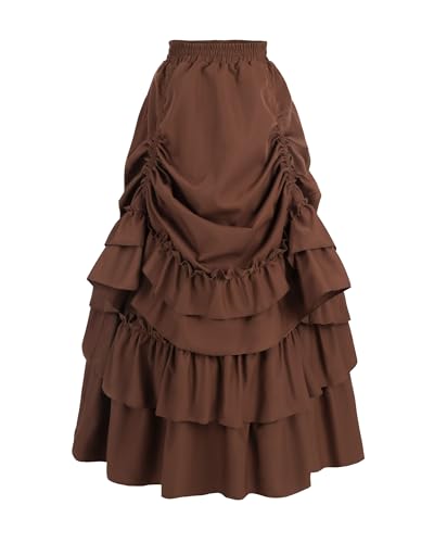 Fiamll Steampunk Rock Damen Lang Renaissance Rock Kilt Damen A-Linien-Maxirock Hohe Taille Doppellagiger Röcke Braun L von Fiamll