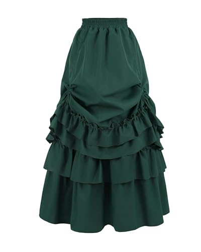 Fiamll Mittelalter Rock Damen Lang Trachtenrock Stufenrock A-Linien-Maxirock Hohe Taille Doppellagiger Rock Grüne XXL von Fiamll