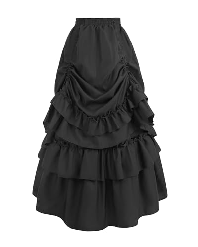 Fiamll Gothic Rock Damen Lang Stufenrock Renaissance-Rock A-Linien-Maxirock Hohe Taille Doppellagiger Röcke Schwarz XL von Fiamll