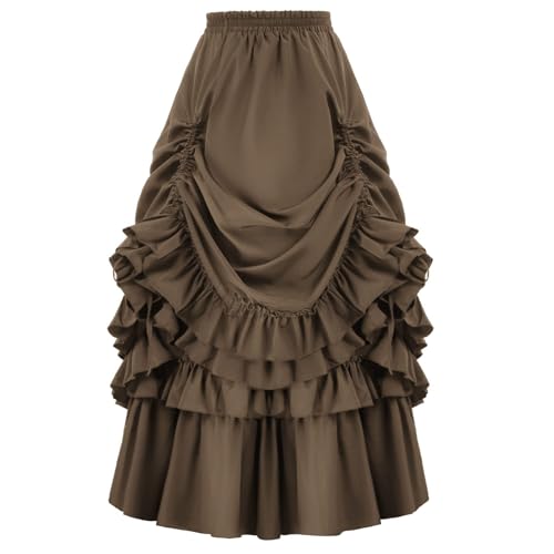 Fiamll Damen Gothic Steampunk Rock High-Low Saum Mittelalter Maxirock Renaissance Rock mit Rüsche Braun XL von Fiamll