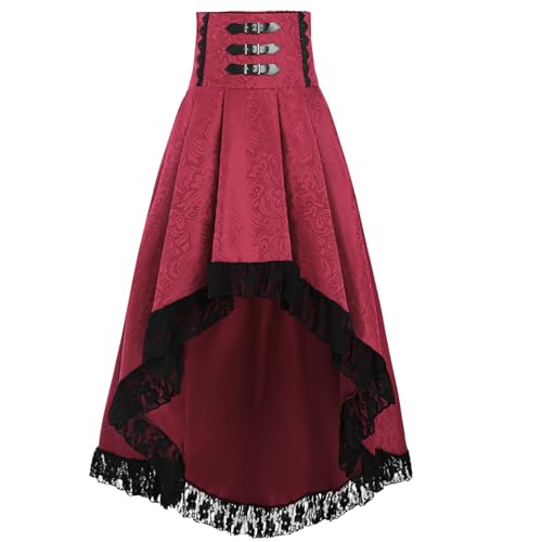Fiamll Gothic Rock Steampunk Rock Viktorianischer Piratenrock Hoch Tiefer Cocktailkleider Wikinger Kleidung Damen Partyrock Rot M von Fiamll