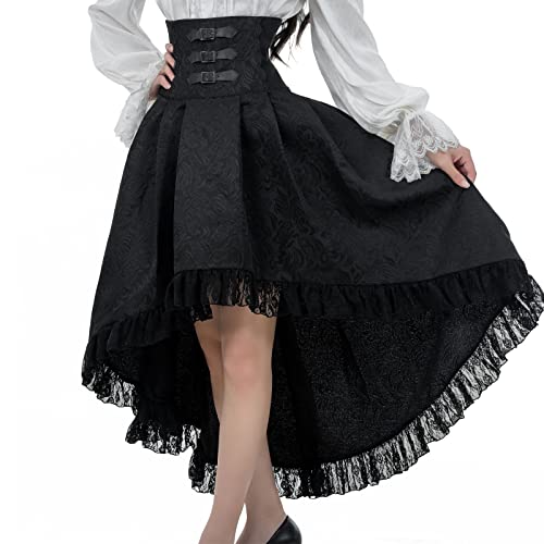 Fiamll Damen Gothic Steampunk Rock Viktorianischer Piratenrock mit hoher Taille und Rüschen Schwarz S/M von Fiamll