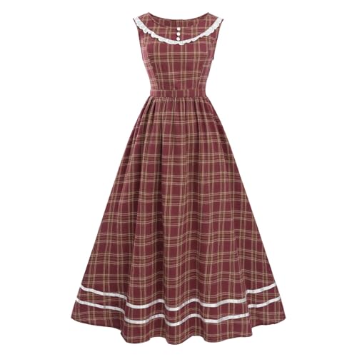 Fiamll Damen Kleid Retro 1950er Ärmellos A-Linie Vintage Rot Kariert Kleid für Weihnachten Abendkleid Cocktailkleid XL von Fiamll