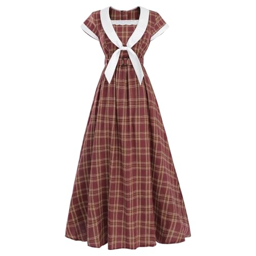 Fiamll Damen Kleid Retro 1950er Kurzarm A-Linie Vintage Mit Schleife Rot Kariert Kleid für Weihnachten Abendkleid Cocktailkleid M von Fiamll