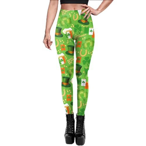 Fiamll Damen Leggings St. Patrick's Day Hose Lange Irisches Grünes Kleeblatt, Bunte Strumpfhose Stretch Sporthose Hohe Taille Yogahose Sportleggins L von Fiamll