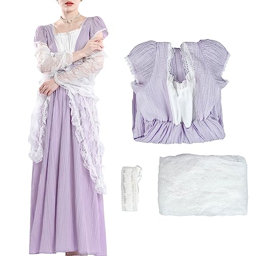 Fiamll Damen Regency Kleid Empire Taille Viktorianisches Regency Ära Kleid Jane Austen Tea Party Violett Ballkleid mit Spitzenschal L von Fiamll