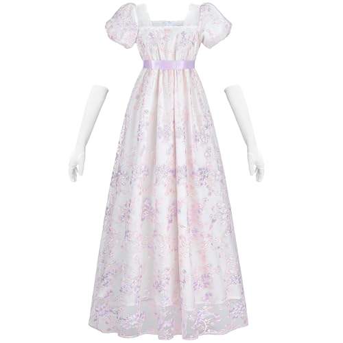 Fiamll Damen Regency Kostüm Empire Taille Teeparty Kleid Viktorianisches Kleid Stickerei Ballkleid mit Handschuhen Violett M von Fiamll