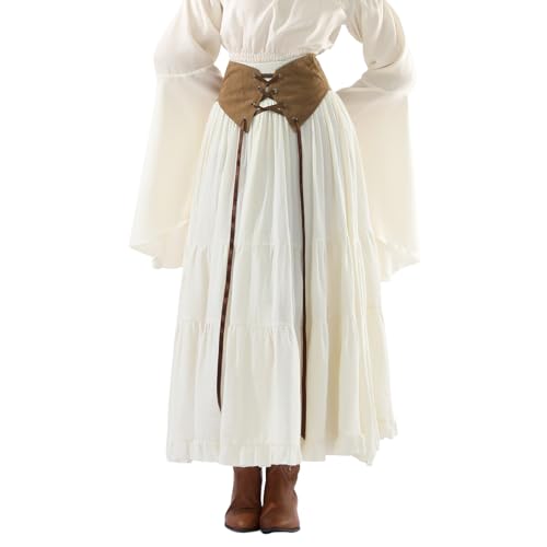 Fiamll Mittelalter Rock Damen A-Linie Lang, Elastische Taille mit Kordelzug, Renaissance Maxirock Beige, Victorianischer Stil, XXL von Fiamll