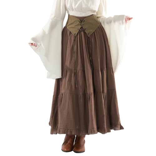 Fiamll Mittelalter Rock Damen A-Linie Lang, Elastische Taille mit Kordelzug, Renaissance Maxirock Braun, Victorianischer Stil, XXL von Fiamll