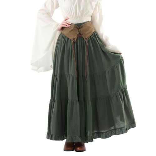 Fiamll Mittelalter Rock Damen A-Linie Lang, Elastische Taille mit Kordelzug, Renaissance Maxirock Grün, Victorianischer Stil, XL von Fiamll
