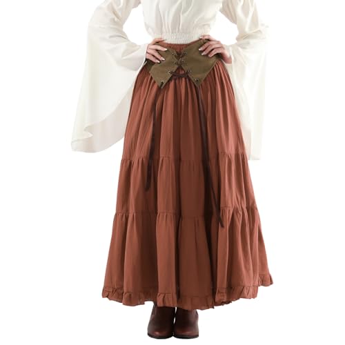 Fiamll Mittelalter Rock Damen A-Linie Lang, Elastische Taille mit Kordelzug, Renaissance Maxirock Rot, Victorianischer Stil, XL von Fiamll