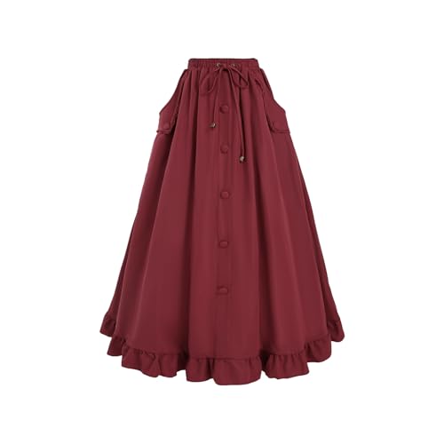 Fiamll Damen Rot Viktorianischer Trachtenrock Hohe Taille Lacing Mittelalter Rüschensaum Rock XXL von Fiamll
