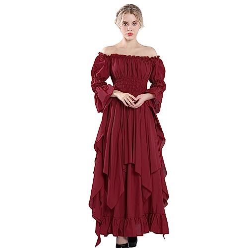 Fiamll Damen Steampunk Victorian Schulterfrei Mittelalterliches Maxikleid Ladies Renaissance Cosplay Halloween Kostüm (Rot L/XL) von Fiamll