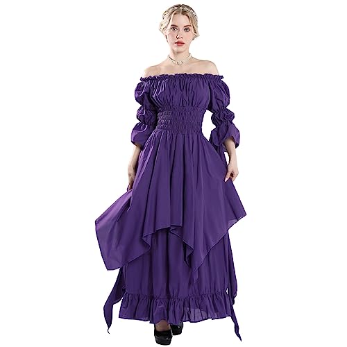 Fiamll Damen Steampunk Victorian Schulterfrei Mittelalterliches Maxikleid Ladies Renaissance Cosplay Halloween Kostüm (Violett S/M) von Fiamll